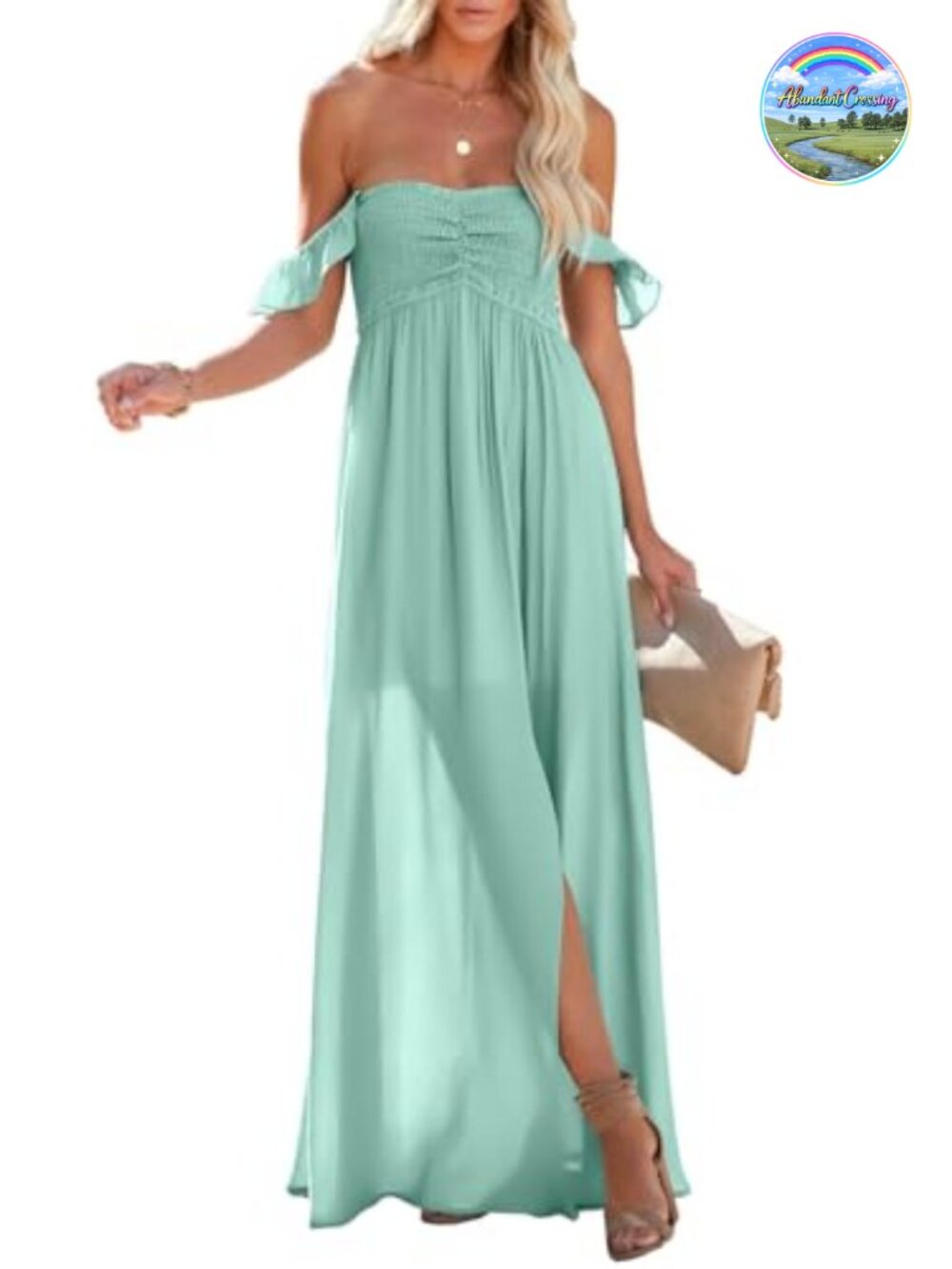 Off Shoulder Ruffle Maxi Dress Smocked A Line Side Slit 100% Polyester